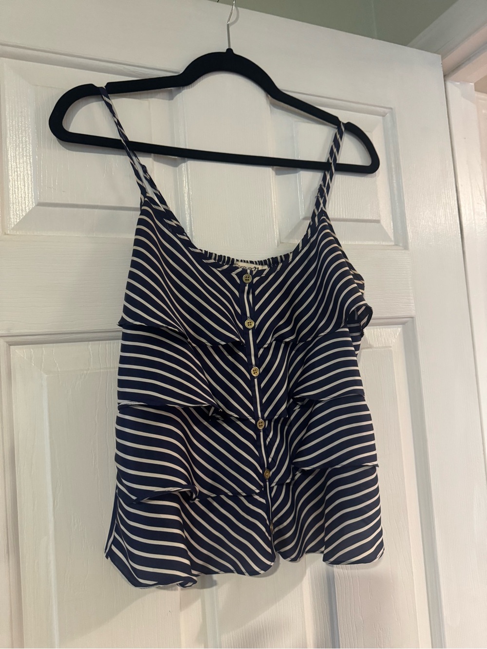 Forever 21 Navy and White Striped Ruffle Button-Front Camisole